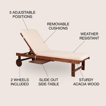 Seabrook Outdoor Acacia Wood Lounger with Cushion, 5-Position Back, Slide Table & Wheels - JONATHAN Y